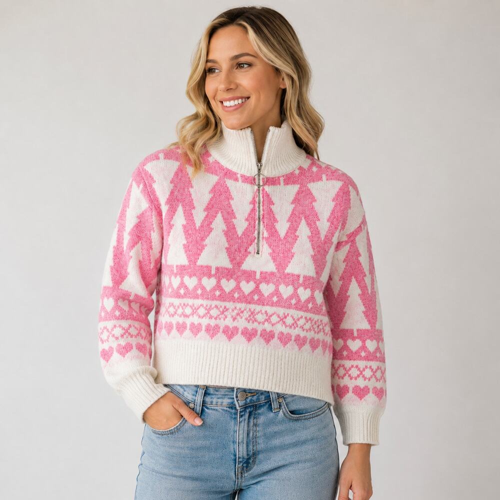 Jessica Simpson Women's M Pink‎ Fair Isle Tree Heart Quarter Zip Sweater Cropped